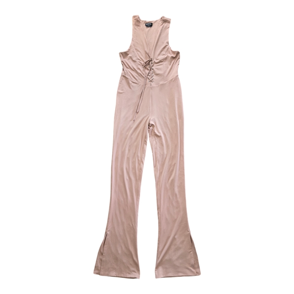 Bebe Jumpsuit Women Sz M  Biege Flare SlitLeg Tie Front Chest Sleeveless Bodycon